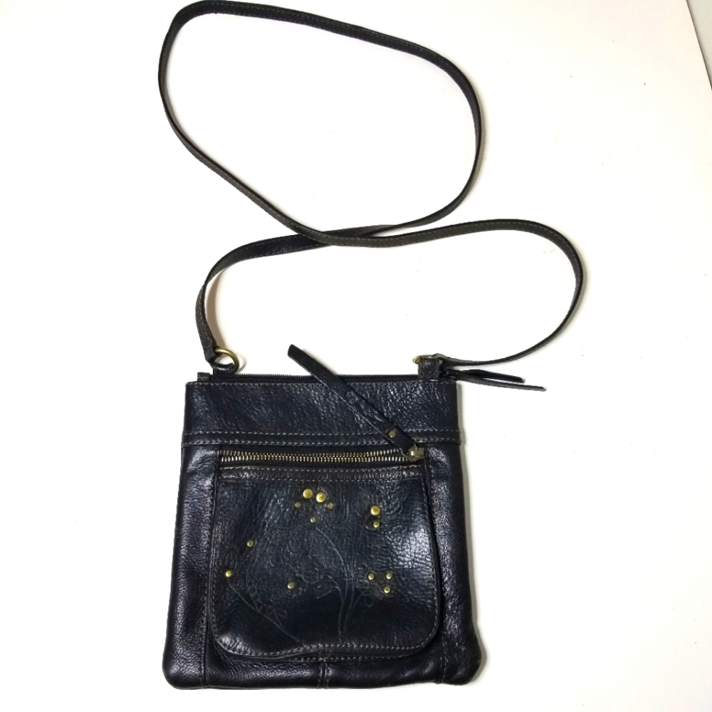Fossil Leather Crossbody Black Studded Floral Embossed Pocket 8×8"